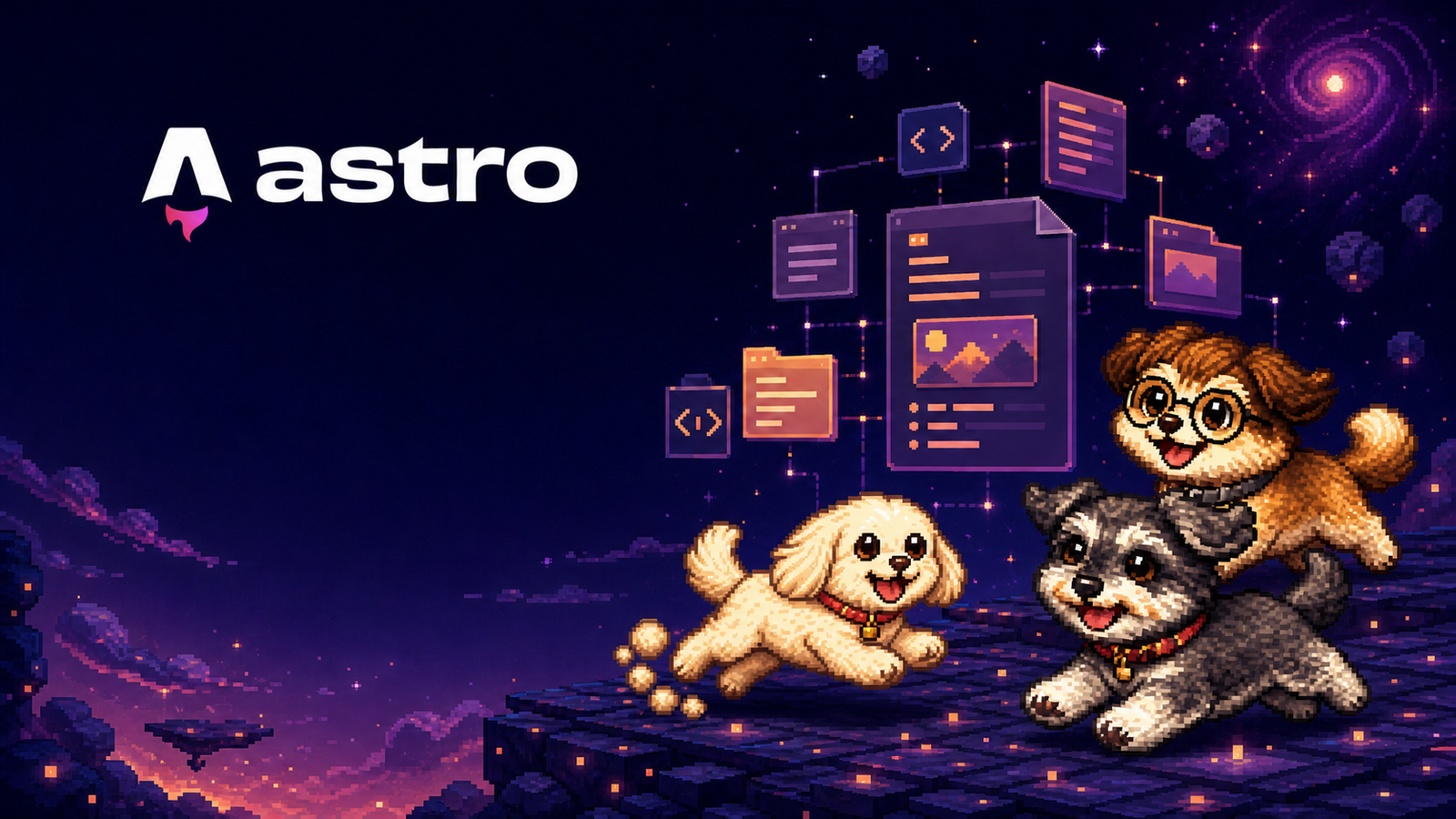 Astroの公式ロゴと、構造化された記事カードを眺めるりょんた・おこめ・めいのドット絵