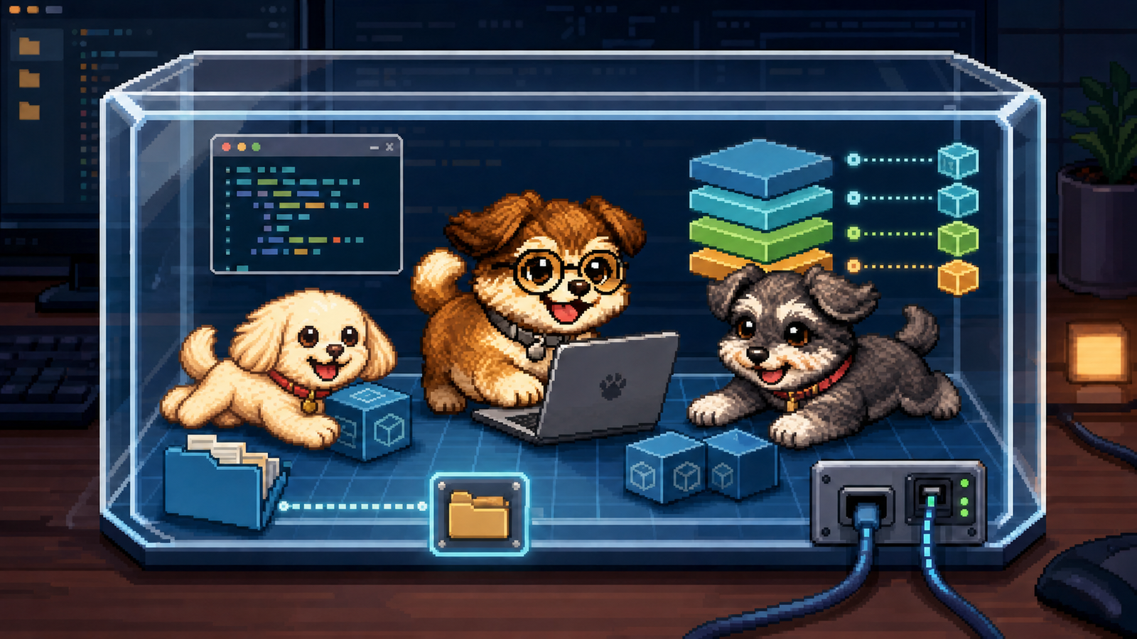透明なコンテナ状の開発環境で、PCやソフトウェアの層を確認するりょんた・おこめ・めいのドット絵