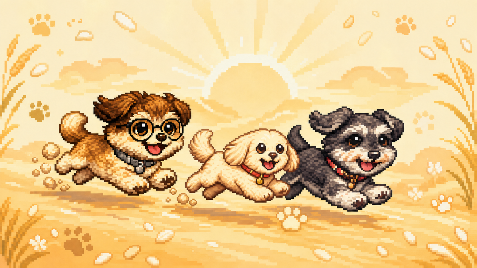 朝日の中を笑顔で走る、りょんたとおこめとめいのドット絵